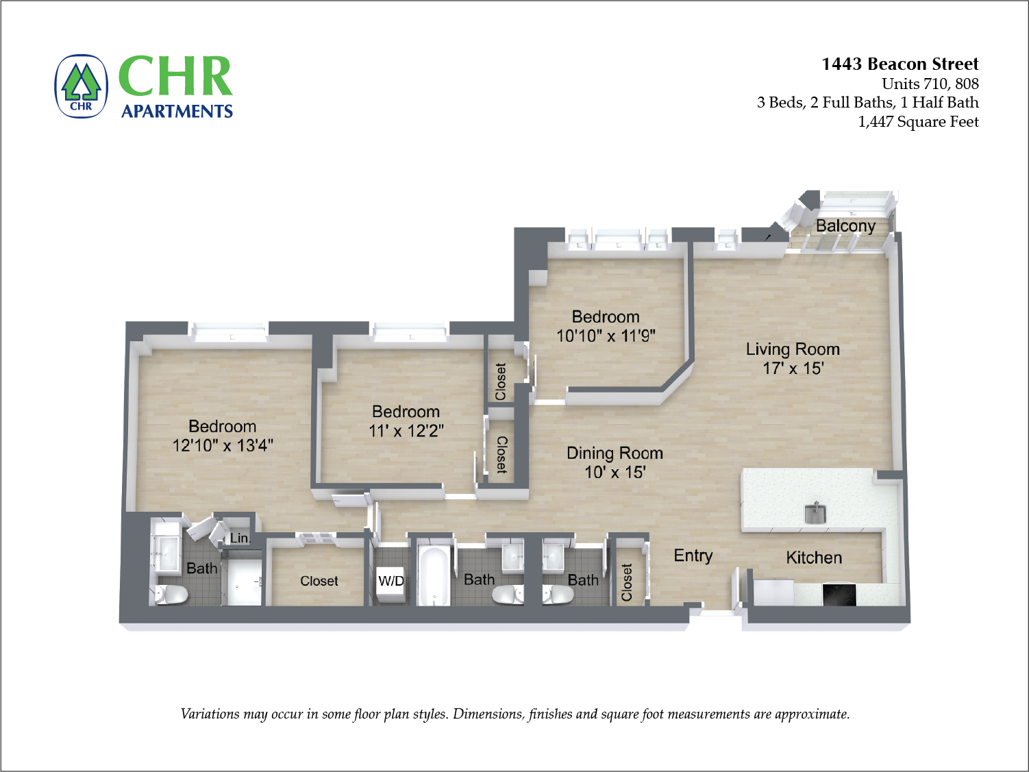 Floor plan for 3 beds, 2 baths, 1436 sqft